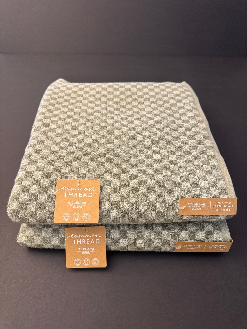 2pc COMMON THREAD Eco-Melange Bamboo Checkered Bath Towel Set - Seaweed